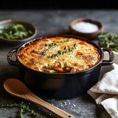 Baked vegetable casserole with cheese and thyme on black background