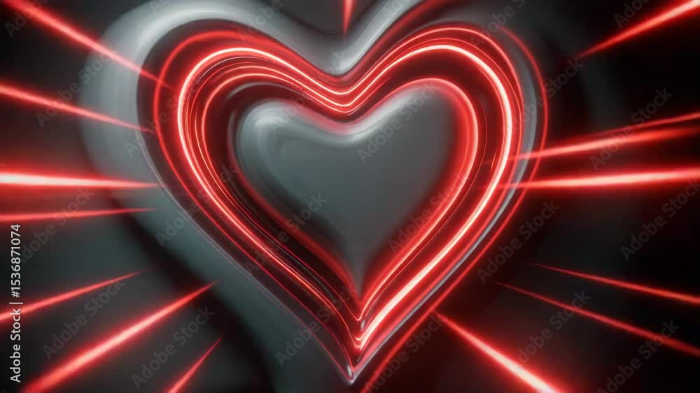 Poster red heart with glowing rays in surreal animation style