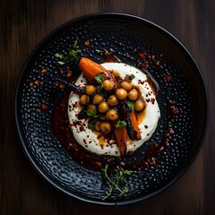 Charred roasted carrots and spiced chickpeas, a swirl of cream cheese on a black, textured plate. The balsamic vinaigrette drips. caramelized carrots and creamy cheese. The dark wooden backdrop.