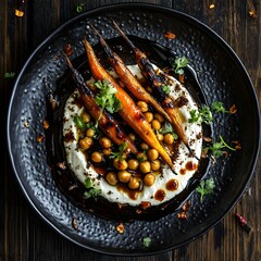 Charred roasted carrots and spiced chickpeas, a swirl of cream cheese on a black, textured plate. The balsamic vinaigrette drips. caramelized carrots and creamy cheese. The dark wooden backdrop.
