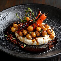 Charred roasted carrots and spiced chickpeas, a swirl of cream cheese on a black, textured plate. The balsamic vinaigrette drips. caramelized carrots and creamy cheese. The dark wooden backdrop.