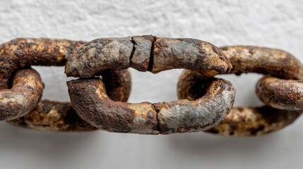 Rusted broken chain links on white surface, aged metal decay, minimalist industrial damage