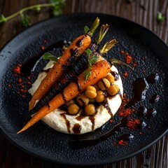 Charred roasted carrots and spiced chickpeas, a swirl of cream cheese on a black, textured plate. The balsamic vinaigrette drips. caramelized carrots and creamy cheese. The dark wooden backdrop.