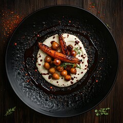 Charred roasted carrots and spiced chickpeas, a swirl of cream cheese on a black, textured plate. The balsamic vinaigrette drips. caramelized carrots and creamy cheese. The dark wooden backdrop.
