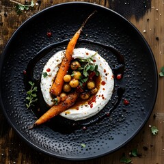 Charred roasted carrots and spiced chickpeas, a swirl of cream cheese on a black, textured plate. The balsamic vinaigrette drips. caramelized carrots and creamy cheese. The dark wooden backdrop.