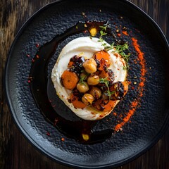 Charred roasted carrots and spiced chickpeas, a swirl of cream cheese on a black, textured plate. The balsamic vinaigrette drips. caramelized carrots and creamy cheese. The dark wooden backdrop.