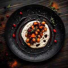 Charred roasted carrots and spiced chickpeas, a swirl of cream cheese on a black, textured plate. The balsamic vinaigrette drips. caramelized carrots and creamy cheese. The dark wooden backdrop.