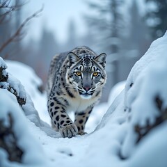 Obraz premium A Snow Leopard walking through the snowy mountains.
