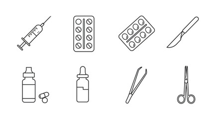 Medical equipment and tools vector icon set for web and office design
