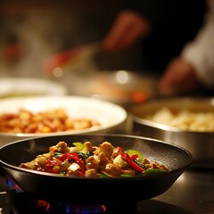 stir-fried chicken with vegetables on frying pan in the kitchen