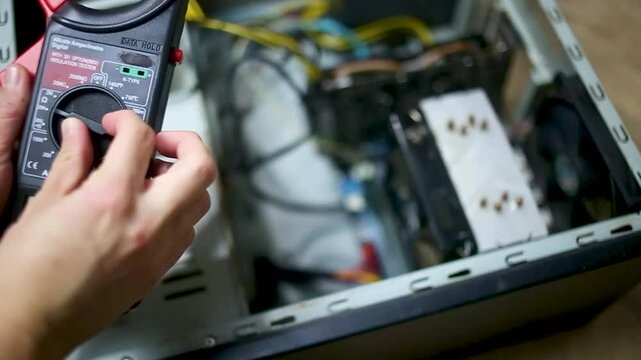 Technician using voltmeter to do hardware maintenance