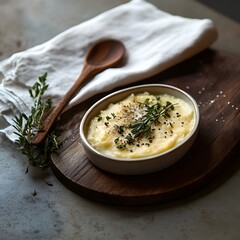 Mashed potatoes with herbs in a bowl on a wooden board, selective focus.