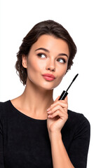 Fototapeta premium A beautiful woman with thick eyebrows is applying mascara to her eyelashes, her lips slightly parted and she has an exaggerated pouty expression on her face