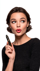 Obraz premium A beautiful woman with thick eyebrows is applying mascara to her eyelashes, her lips slightly parted and she has an exaggerated pouty expression on her face