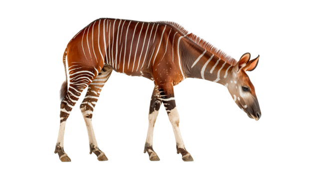 An okapi with striking stripes bends its head in this captivating portrait.