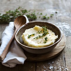 Mashed potatoes with thyme in a ceramic bowl on a wooden background
