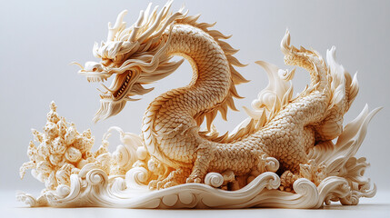 Obraz premium Beige Chinese Dragon Sculpture on White Background