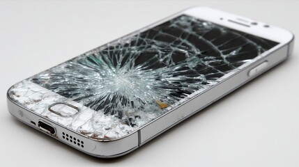 Cracked smartphone screen on white surface, digital damage, minimalist tech decay, high detail