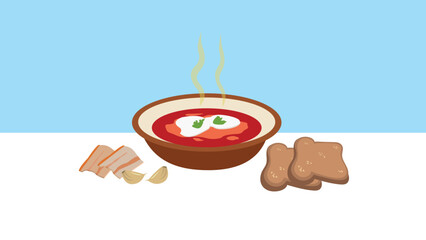 Bowl of soup on the table with crackers. Vector illustration.