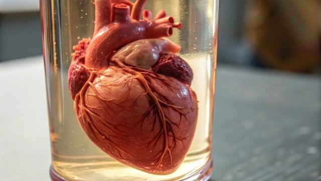 Close Up Human Heart Organ Inside Glass Jar With Liquid Showing Preservation Suitable For Science Medical Anatomy