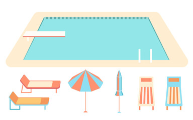 Swimming pool with vacation accessories illustration set. Large rectangular pool with diving board, colorful poolside furniture, lounge chairs, open and closed sun umbrella, striped retro deck chairs