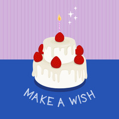 Birthday card with white cake decorated with strawberries on dark blue and pink background, hand-drawn vector of white cake with creamy frosting and strawberries on top collection.