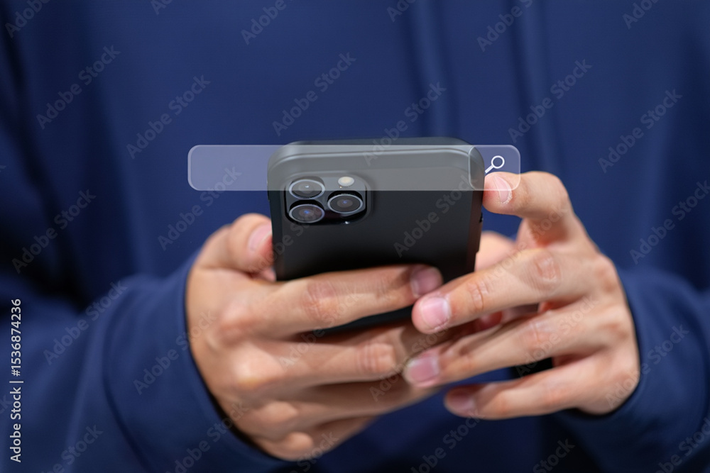 Poster person using smartphone with search bar interface overlay