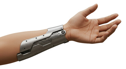 Isolated Arm Wearing a Silver Futuristic Cybernetic Gauntlet