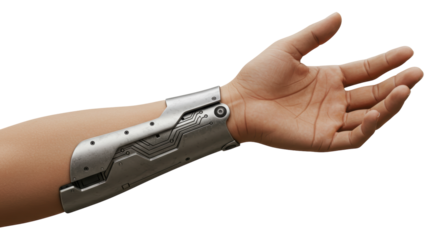 Isolated Arm Wearing a Silver Futuristic Cybernetic Gauntlet