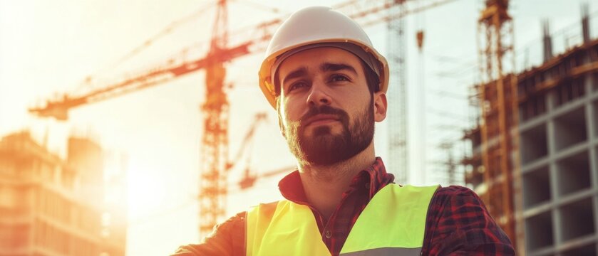 A close-up shot of a crane operator in a hard hat and reflective vest, looking directly at the camera, with construction cranes and buildings in the background