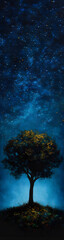 Lonely Tree Under Starry Night Sky Landscape- vertical banner - wide skyscraper - blue background