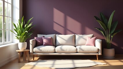 Modern Living Room Interior with Stylish Sofa, Houseplant, and Purple Accent Wall in Natural Light