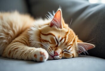 A fluffy red cat rests comfortably on a soft grey sofa, basking in the gentle warmth of sunlight that floods the cozy living room, creating a serene atmosphere Generative AI