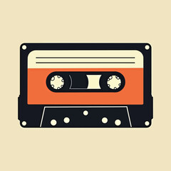 Naklejka premium A retro flat illustration of a classic audio cassette tape with an orange label, evoking 80s and 90s nostalgia, perfect for vintage music themes or designs. 