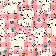 Cute Kawaii Cats and Flowers on pink Gingham Seamless Pattern. Perfect for Sleepwear, Clothing, Wallpaper, Wrapping Paper, Stationery, and Fabric