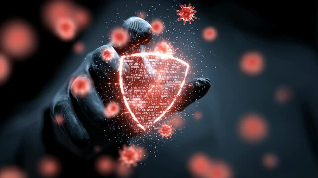 Hands Wearing Gloves Interacting with Digital Shield and Virus Icons in Cybersecurity Simulation