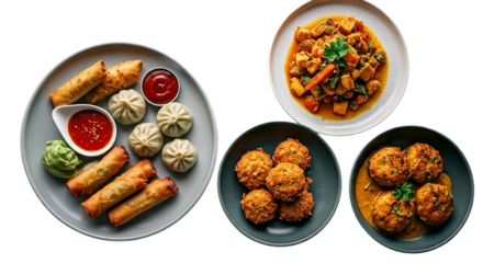 Assorted asian appetizers spring rolls dumplings momos and stir fry dish on transparent background