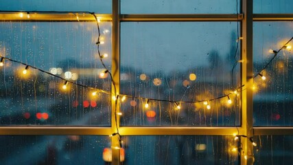 rainy window with indoor fairy lights, cozy city night view with blurred bokeh, rainy night window with blurred city lights and hanging fairy lights in cozy indoor setting - Powered by Adobe