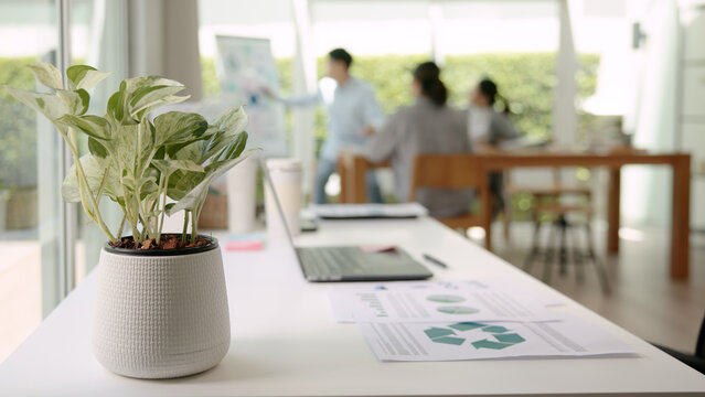 The way forward save the planet earth Gen Z asia people go green mindset net zero waste ESG SDG office nature house plant mental health care stress relief. Young adult woman asian happy smile relax.