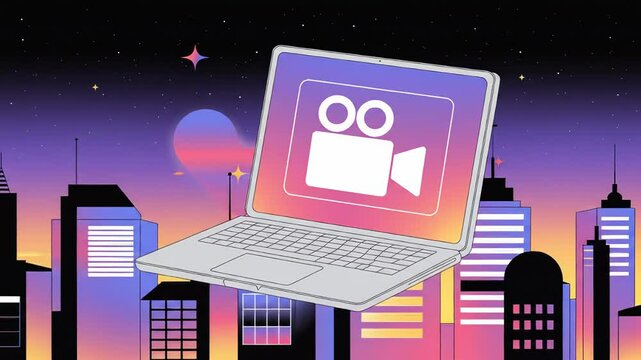 Digital Video Recording Streaming on Laptop in Futuristic City at Night