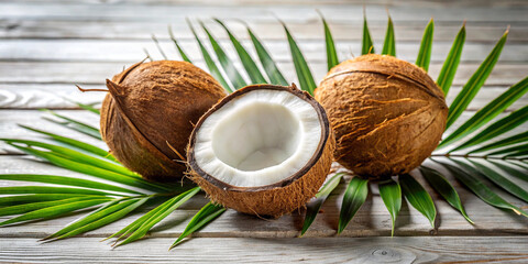 Ripe coconuts on rustic wooden surface with palm fronds