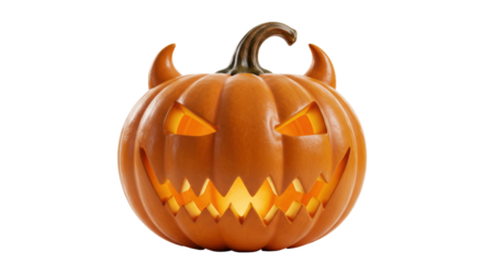 Isolated Spooky Halloween Pumpkin with Devil Horns and Glowing Eyes