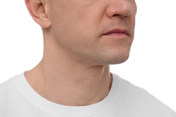 Clean shaven man on white background, closeup