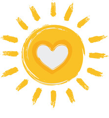 A simple yellow hand-drawn sun with a heart shape at the center, surrounded by radiating brush stroke lines. The illustration has a rough, textured brush style, giving a warm and cheerful appearance. 