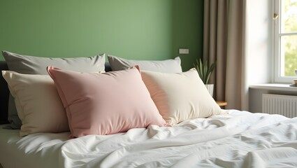 Soft Pastel Pillows on White Bed Against Bright Green Wall in Natural Light