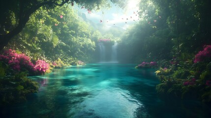 Lush rainforest river with crystal-clear water and vibrant flowers creates a captivating atmosphere at dawn