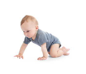 Cute little baby crawling on white background