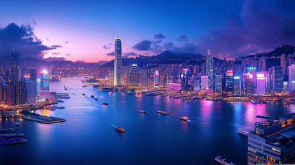 Fototapeta premium Urban Harbour Night Skyline with Skyscrapers and Neon Reflections