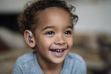 Happy disabled boy wearing a hearing amplifier aid. Smiling mixed race deaf child with a listening device. Inclusion and diversity in disability friendly deib inclusive school education