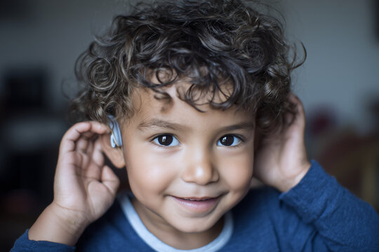 Happy disabled boy wearing a hearing amplifier aid. Smiling mixed race deaf child with a listening device. Inclusion and diversity in disability friendly deib inclusive school education